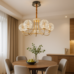 Candelabru LED auriu cu 6 globuri rotunde sticla, 96W, L700 zona dining eleganta, lumina calda uniforma, montaj tavan