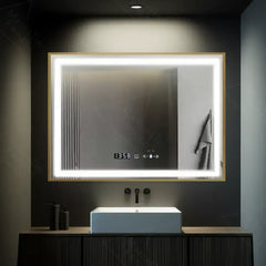 Oglinda LED 120x80 cm cu dezaburire, ceas digital, temperatura si senzor tactil, ideala pentru bai moderne.