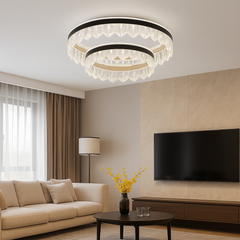Lustra LED modern cu 244W si doua cercuri decorative WH+BK+TIGD, lumină reglabila 3000K-6500K, ideală pentru living modern cu telecomanda