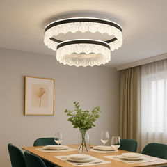 Lustra LED modernă 244W cu doua cercuri decorative WH+BK+TIGD, lumină reglabila cu telecomanda, perfecta pentru dining modern contemporan