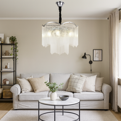 Candelabru rotund crom Ø400 mm cu 6 becuri E14, iluminare eleganta pentru living modern luminos