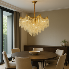 Candelabru rotund auriu 5520/600FG deasupra mesei dreptunghiulare din dining, 10 becuri E27, lumina calda decorativa, stil glam