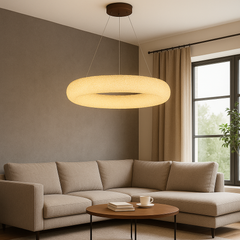 Candelabru LED rotund auriu Ø500 mm cu cristale si telecomanda, lumina ambientala premium in living modern.