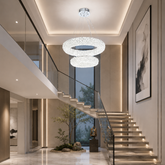 Lustra LED suspendata 5558-600+400CR pentru casa scarii in vila moderna, doua cercuri concentrice din cristal, iluminare LED alba