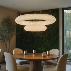 Pendul LED dublu rotund auriu Ø600+Ø400 cu telecomanda, lumina uniforma deasupra mesei din dining.