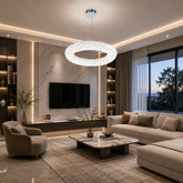 Candelabru LED 5558-500 CR din cristal argintiu, montat intr-un living modern de vila, iluminare LED alba si design circular elegant