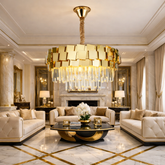 Living: Candelabru rotund auriu cu cristale Ø600 mm in living elegant, iluminat E27, design luxos pentru spatii premium