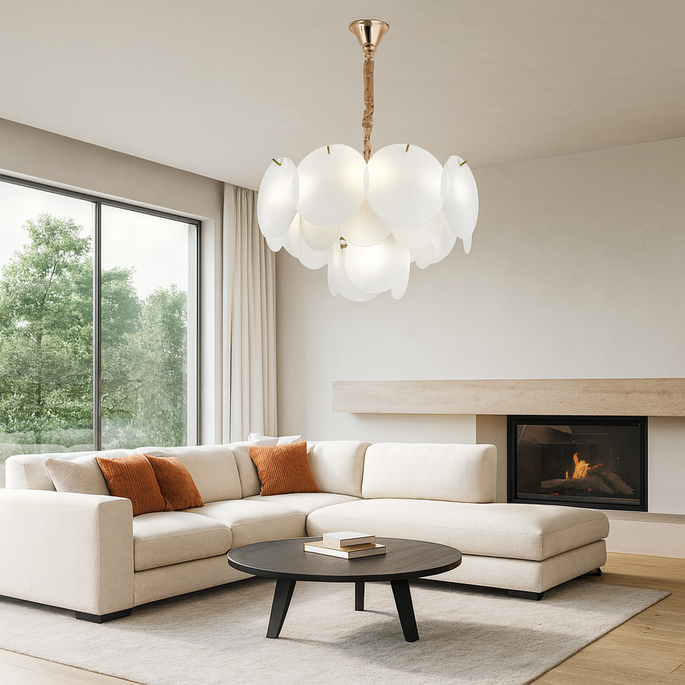 Candelabru auriu cu frunze din sticla, Ø40 cm, 5 E27, iluminare calda pentru living modern, accent decorativ elegant, model 5867-400 TB.