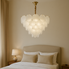 Candelabru modern auriu Ø50 cm cu frunze din sticla mata si 8 E27, lumina uniforma pentru dormitor elegant, stil premium si decorativ, model 5867-500 TB.