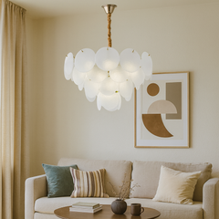 Candelabru modern auriu cu sticla mata, Ø60 cm, 10 E27, iluminare ampla pentru living mare, design decorativ elegant si premium, model 5867-600 TB.