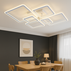 Lustra LED patrata 168W alba cu 6 module si lumina reglabila 3000K-6500K cu telecomanda, perfecta pentru un dining modern cu iluminare eleganta si versatila