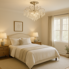 Candelabru rotund crom cu cristale K9, 5 becuri E27, lumina ambientala rafinata pentru dormitor matrimonial