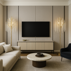 Lampadar modern tip copac cu ramuri aurii si decor cristal, compatibil cu 6 becuri E27, ideal pentru living elegant cu accent premium, model 68253-6L A.