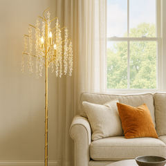 Lampadar modern tip copac cu ramuri aurii si decor cristalin, compatibil cu 6 becuri E27, ideal pentru living elegant cu accent premium, model 68253-6L B.