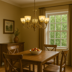 Candelabru decorativ 5 brate bronz antichizat cu abajururi din sticla mata si becuri E27, deasupra mesei dining rustic