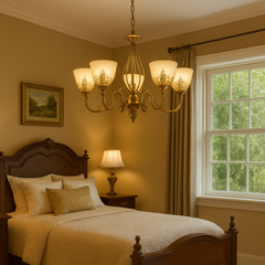 Candelabru clasic 5 brate bronz antichizat cu sticla mata si becuri E27, iluminare calda in dormitor vintage elegant