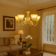 Candelabru vintage 5 brate alb antichizat cu abajururi din sticla mata si becuri E27, lumina calda in living elegant