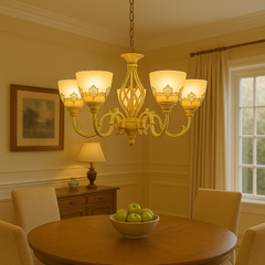 Candelabru decorativ 5 brate alb antichizat cu sticla mata si becuri E27, montat deasupra mesei dining vintage