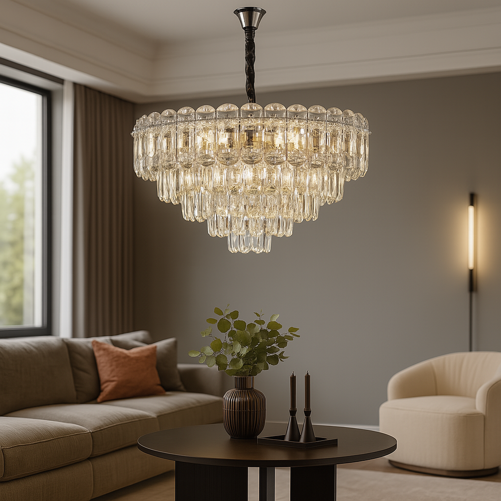 Candelabru rotund auriu cu 10 becuri E27, montat in living spatios modern, iluminare decorativa puternica si uniforma.