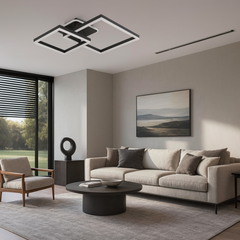 Lustra LED patrata 142W cu telecomanda, design modern, montata in living contemporan.