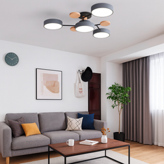 Lustra LED rotunda gri lemn 71276/3+1 pentru living modern, 120W, lumina reglabila si telecomanda