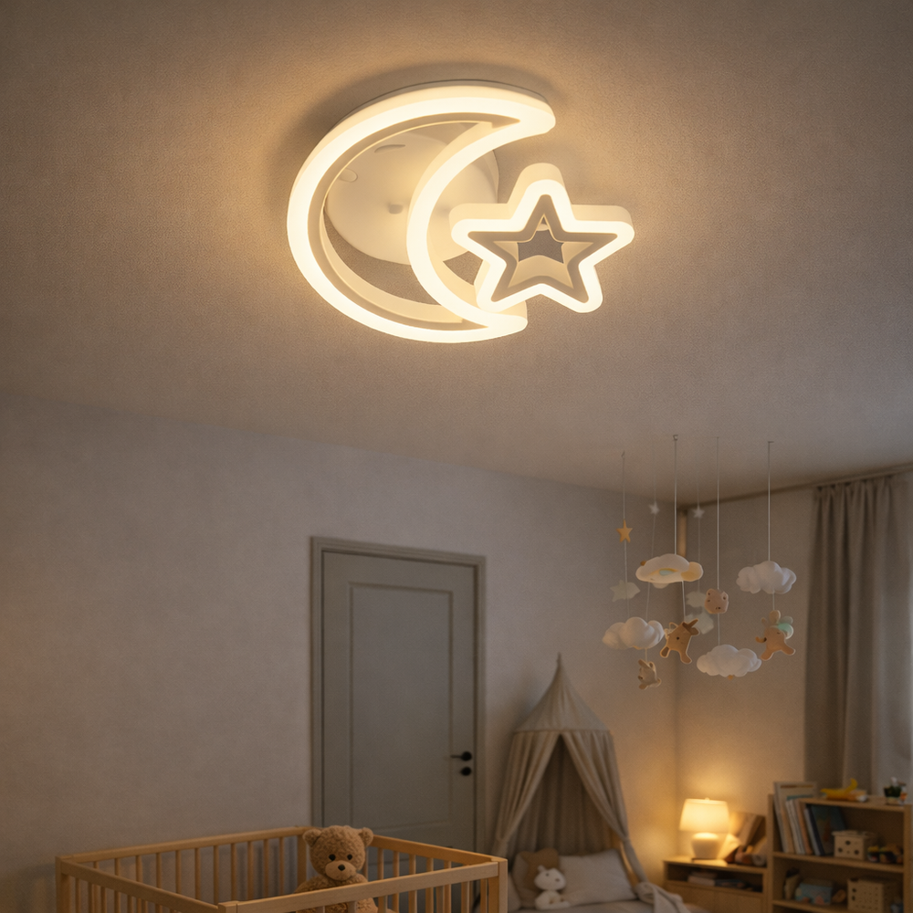 Lustra LED alba forma luna si stea, cu telecomanda, in camera copii moderna
