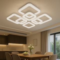 Lustra LED geometrica 192W cu 8 elemente si lumina reglabila 3000K-6500K, perfecta pentru dining modern cu iluminare eleganta si atmosfera versatila