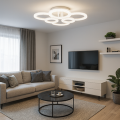 Lustra LED geometrica 168W cu accente transparente si lumina reglabila 3000K-6500K cu telecomanda, montata in living modern pentru iluminare puternica si eleganta