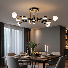 Lustra LED cu design simetric, accente aurii si globuri opal, luminand un dining elegant, controlabil prin telecomanda.