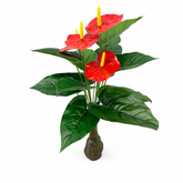 Planta artificiala Anthurium 75 cm cu flori rosii, fundal transparent, frunze verzi lucioase, decor interior elegant
