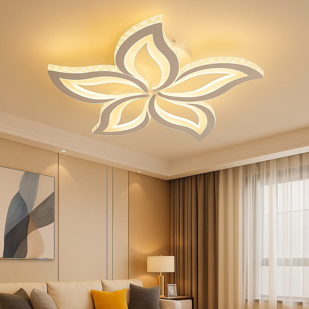 Lustra LED florala 120W cu 5 petale si efect RGB 50 perle, lumina reglabila 3500K-6500K cu telecomanda, montata in living modern pentru iluminare eleganta si decorativa