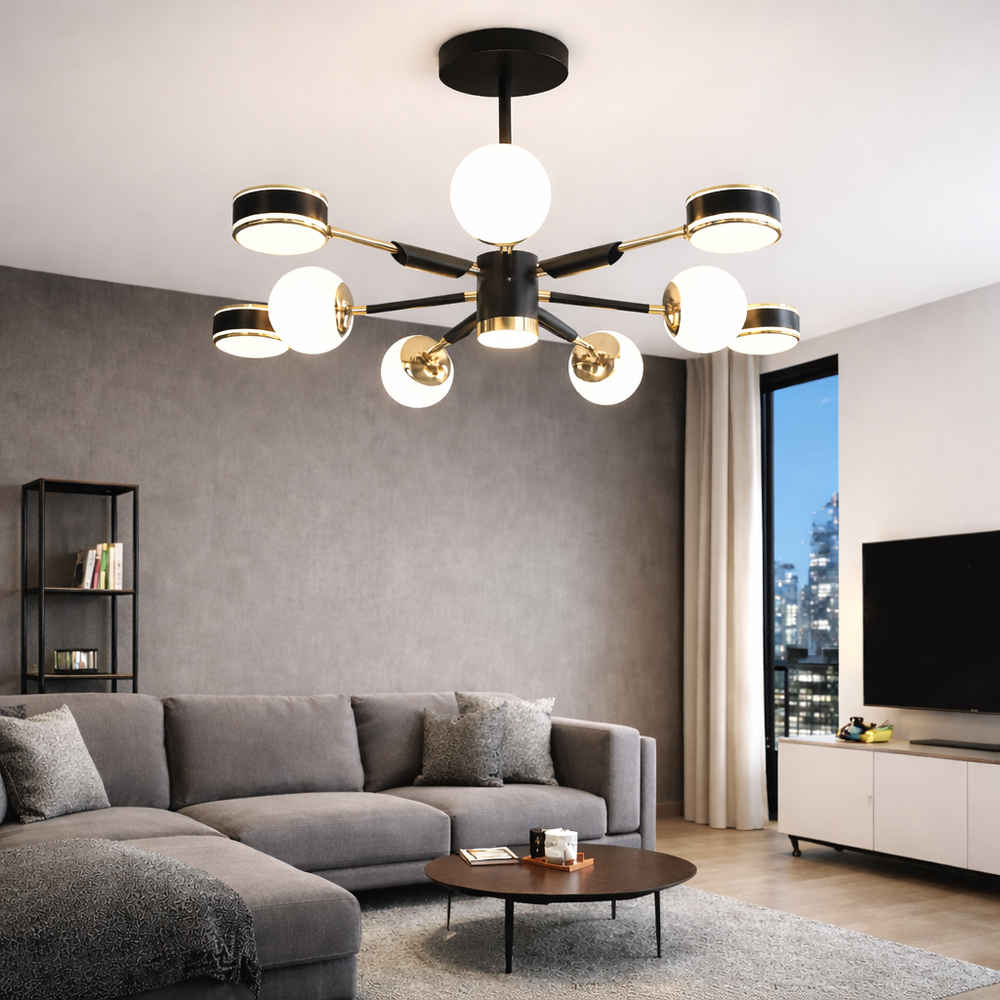 Lustra LED negru cu auriu cu globuri, pentru living modern, lumina ajustabila cu telecomanda