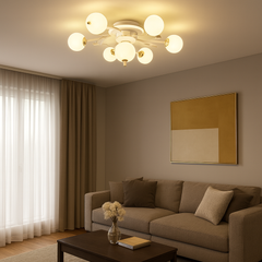 Lustra LED 77130/5+1 moderna cu 3 lumini, montata in living modern, iluminare uniforma 96W pentru ambient minimalist