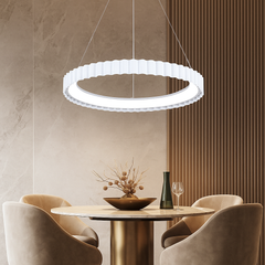 Lustra LED rotunda alba 500mm deasupra mesei de dining, 62W, iluminare uniforma moderna