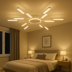 Lustra LED alba crom 66x2W cu telecomanda, lumina ajustabila calda rece, iluminare moderna pentru dormitor elegant