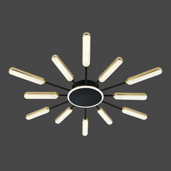 Lustra LED rotunda negru auriu 86cm cu telecomanda in living modern, lumina reglabila 3000–6500K, design elegant.