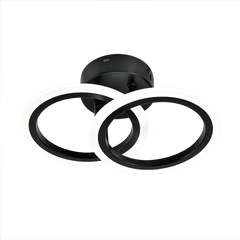 Lustra LED neagra doua cercuri 36W cu telecomanda, montata pe tavan in hol modern cu design minimalist si lumina ajustabila 3000-6500K