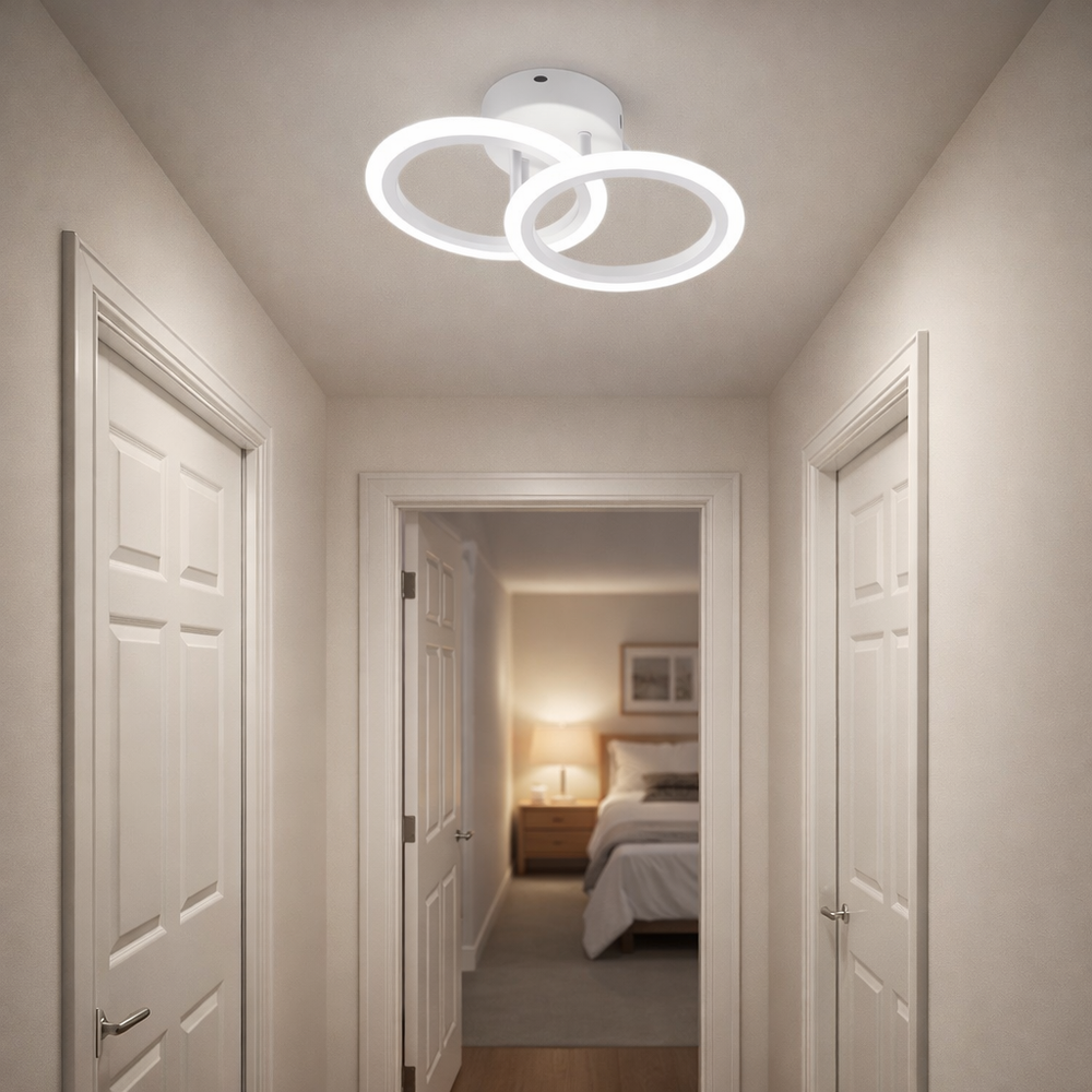 Lustra LED alba dublu rotund 36W cu telecomanda, montata in hol modern, lumina ajustabila 3000-6500K pentru iluminare eleganta si eficienta