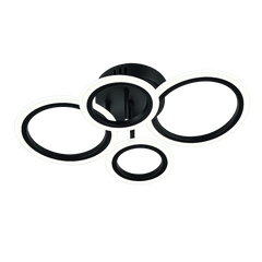 Lustra LED neagra patru cercuri 60W cu telecomanda, montata in dormitor modern, lumina ajustabila 3000-6500K pentru ambient confortabil
