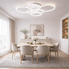 Lustra LED alba sase cercuri 112W cu telecomanda, montata in bucatarie moderna, lumina ajustabila 3000-6500K pentru iluminare puternica si eficienta