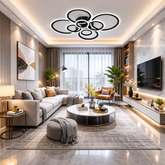 Lustra LED opt cercuri 180W cu telecomanda, montata in living mare modern, lumina ajustabila 3000-6500K pentru iluminare puternica si eleganta