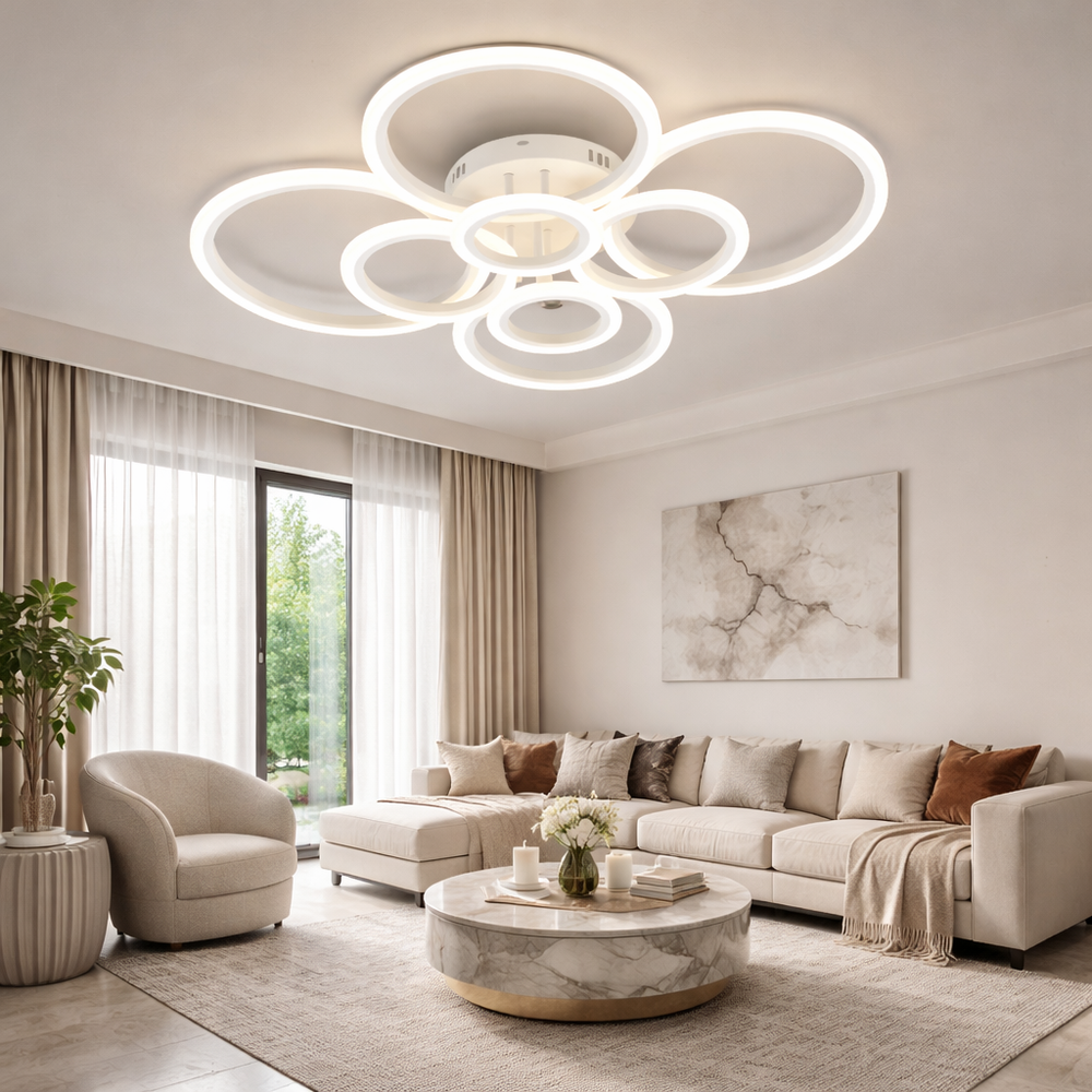 Lustra LED alba opt cercuri 180W cu telecomanda, montata in living mare modern, lumina ajustabila 3000-6500K pentru iluminare eleganta si puternica