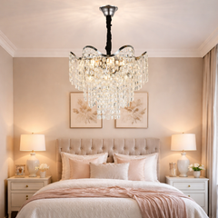 Candelabru din cristale 78006-450 CH cu 7 becuri E27, design elegant pe mai multe niveluri, iluminare decorativa pentru dormitor stilat.