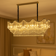 Candelabru modern lux oval ondulat cu cristale lungi, finisaj argintiu si 12 E27, ideal pentru living spatios cu efect spectaculos de lumina, model 78012-1100×400 CH.