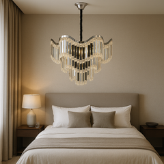 Candelabru modern lux argintiu Ø45 cm cu cristale clare si 7 E27, potrivit pentru dormitor rafinat cu atmosfera luminoasa si sofisticata, model 78012-450 CH.