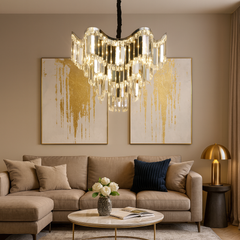 Candelabru modern lux cu cristale pe niveluri, Ø60 cm si 12 E27, finisaj argintiu, ideal pentru living spatios cu efect spectaculos de lumina, model 78012-600 CH.