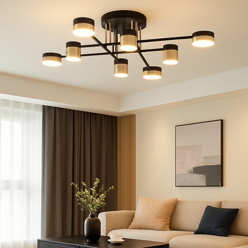 Lustra LED moderna cu 8 brate black-gold in living spatios, iluminare reglabila 3000–6500K cu telecomanda.