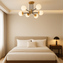 Lustra LED 8316/6 cu globuri opal si socluri E27, perfect a pentru dormitoare moderne ce cer lumin a calda si eleganta