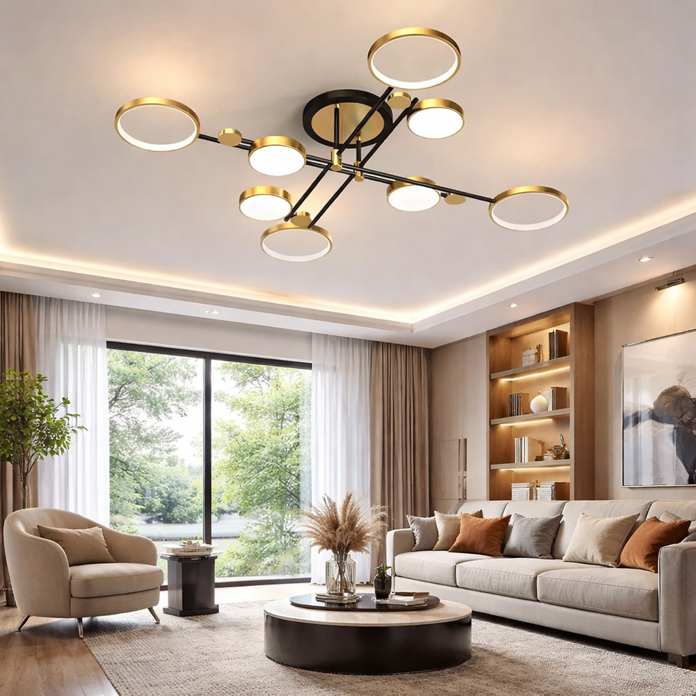 Lustra LED moderna negru auriu cu 8 surse lumina in living modern, iluminare calda neutra sau rece
