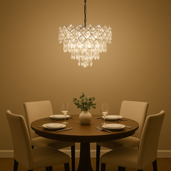 Candelabru rotund din cristal argintiu Ø400 mm, suspendat deasupra mesei dreptunghiulare din dining premium